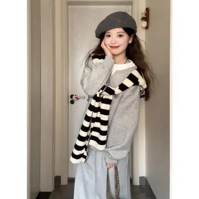 轻迎 韩版学院风假两件卫衣条纹披肩宽松阔腿裤休闲套装 女款