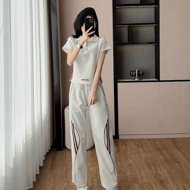 轻迎 时尚百搭短袖卫衣气质通勤舒适裤子休闲套装 女款 白色