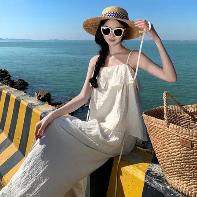 轻迎 法式度假时尚吊带上衣设计感宽松阔腿裤休闲套装 女款