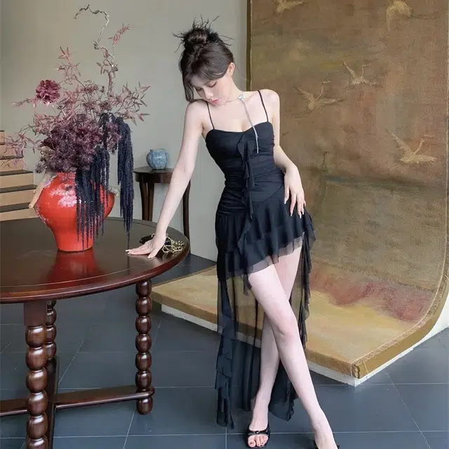 轻迎 法式网纱荷叶边拖尾性感修身不规则长裙吊带连衣裙 女款