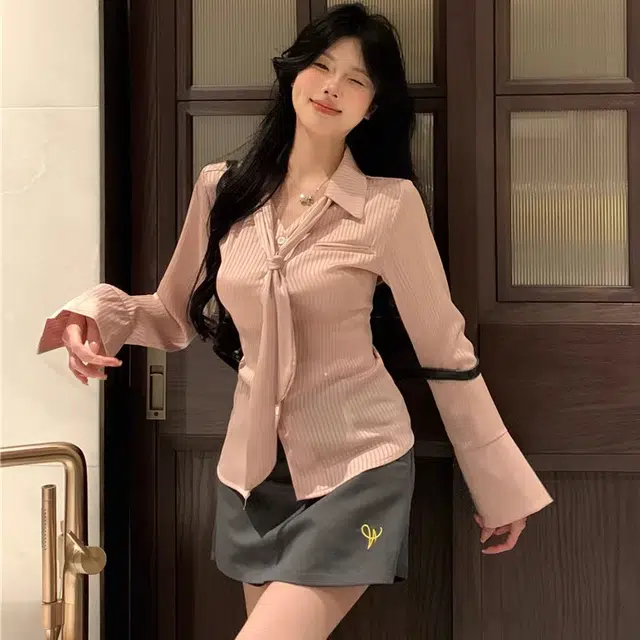 轻迎 缎面刺绣长袖常规休闲风上衣衬衫 女款