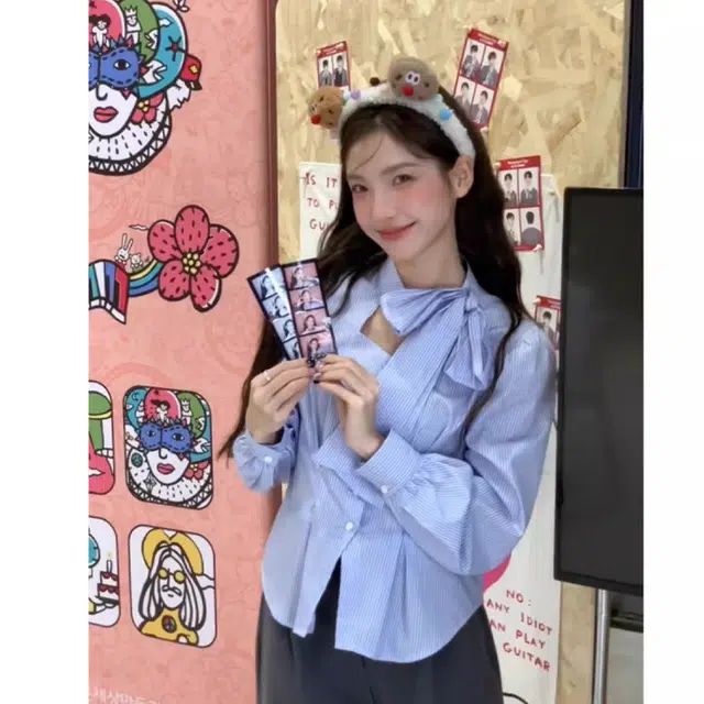 轻迎 蝴蝶结条纹常规长袖法式短款衬衣内搭上衣衬衫 女款