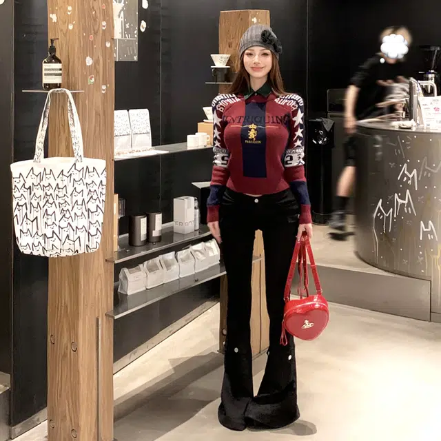 轻迎 美式时尚复古优雅精致假两件修身提花刺绣小众减龄辣妹上衣针织衫 女款