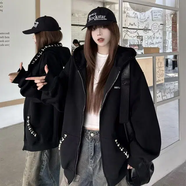 轻迎 美式高街拉链连帽宽松珍珠钉珠百搭外套卫衣 女款