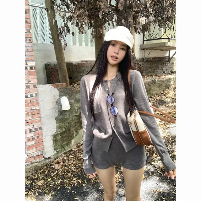 轻迎 复古修身长袖针织开衫上衣直筒短裤休闲套装 女款
