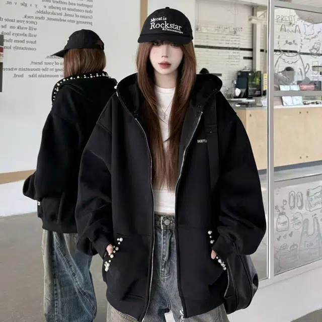 轻迎 美式高街拉链连帽宽松珍珠钉珠百搭外套卫衣 女款