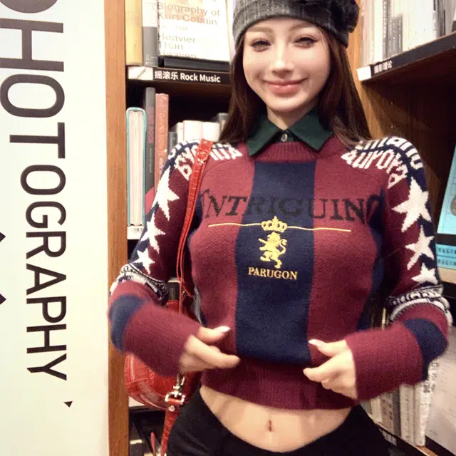 轻迎 美式时尚复古优雅精致假两件修身提花刺绣小众减龄辣妹上衣针织衫 女款