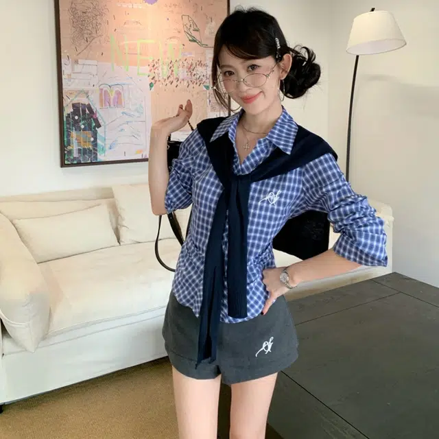 轻迎 学院风披肩格子长袖掐腰衬衫显瘦半身裙裤三件套休闲套装 女款