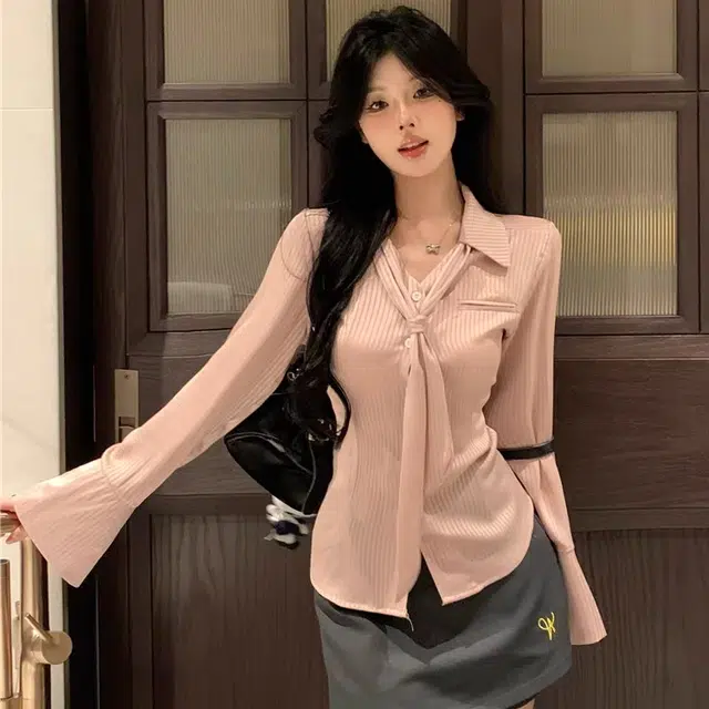 轻迎 缎面刺绣长袖常规休闲风上衣衬衫 女款