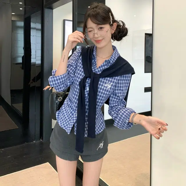 轻迎 学院风披肩格子长袖掐腰衬衫显瘦半身裙裤三件套休闲套装 女款