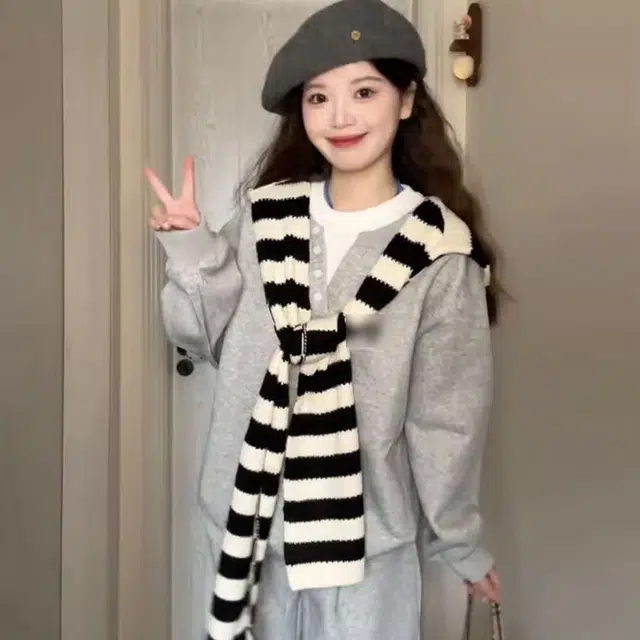 轻迎 韩版学院风假两件卫衣条纹披肩宽松阔腿裤休闲套装 女款