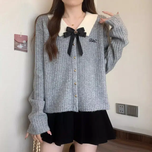 轻迎 法式学院风蝴蝶结长袖开衫针织衫 女款