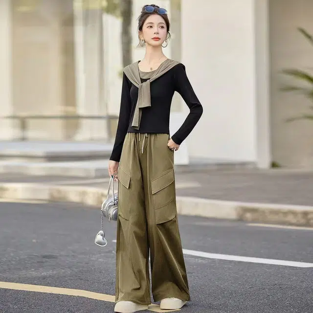 轻迎 时尚风洋气拼色舒适设计感工装阔腿裤两件套休闲套装 女款