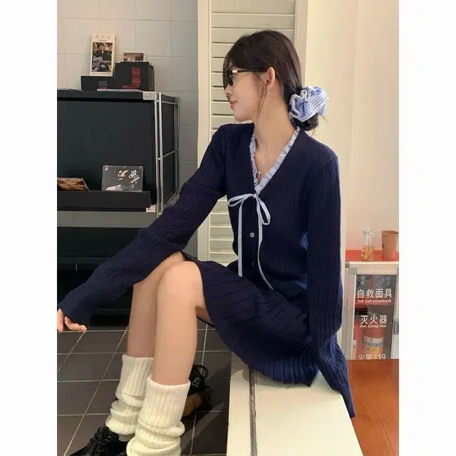 轻迎 学院风针织蝴蝶结韩系开衫高腰上衣百褶短裙休闲套装 女款