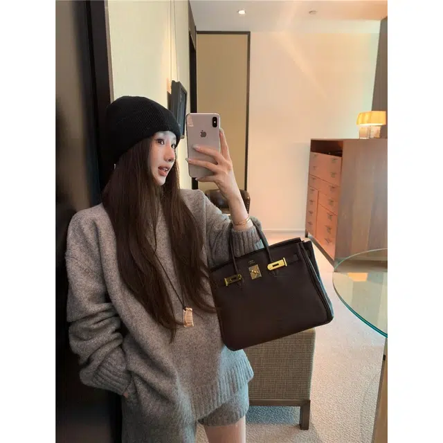 轻迎 复古韩系长袖宽松慵懒风毛衣高腰显瘦短裤两件套休闲套装 女款