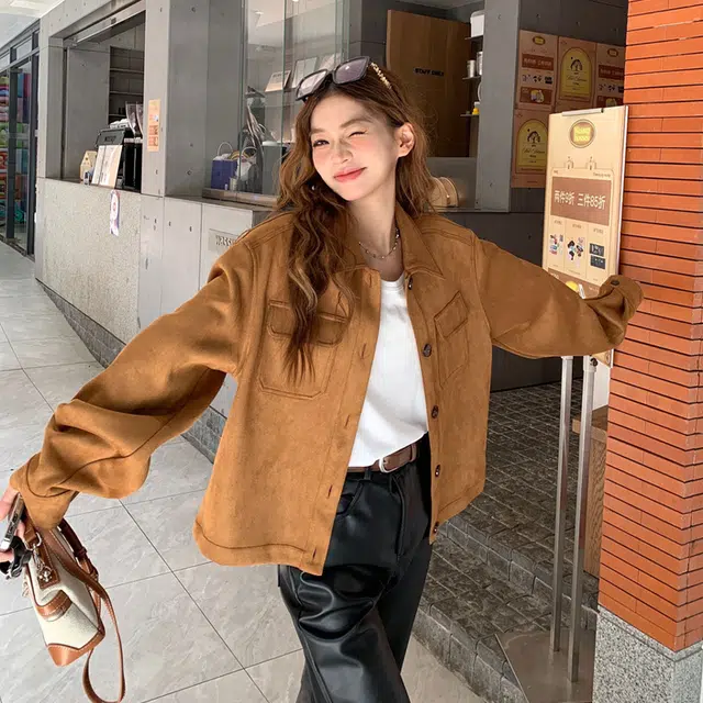 轻迎 美拉德短款休闲百搭复古上衣巴恩风外套夹克 女款