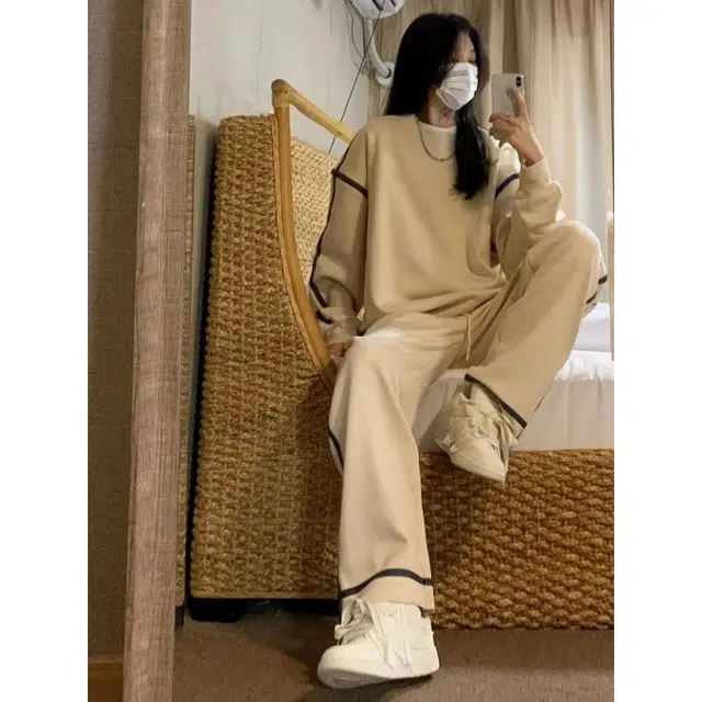 轻迎 慵懒风运动美式设计感宽松显瘦拼接卫衣长裤两件套休闲套装 女款
