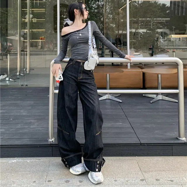轻迎 复古风百搭设计感潮流时尚纽扣翻边宽松阔腿长裤子牛仔裤 女款