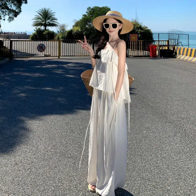 轻迎 法式度假时尚吊带上衣设计感宽松阔腿裤休闲套装 女款