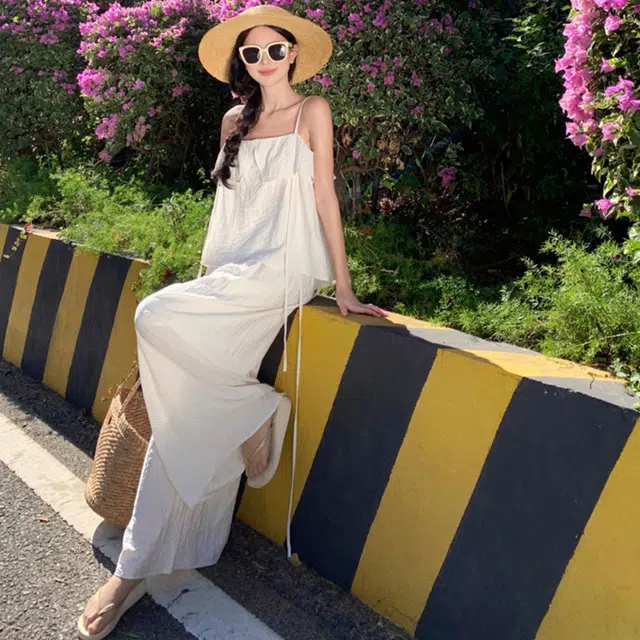 轻迎 法式度假时尚吊带上衣设计感宽松阔腿裤休闲套装 女款