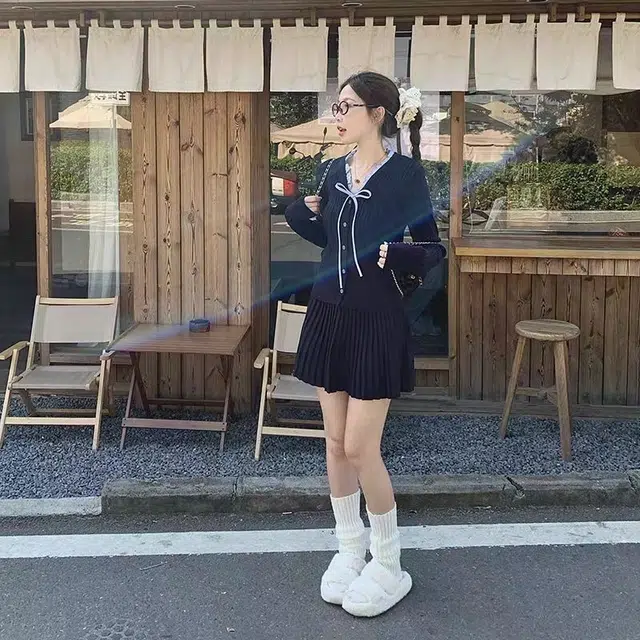 轻迎 学院风针织蝴蝶结韩系开衫高腰上衣百褶短裙休闲套装 女款