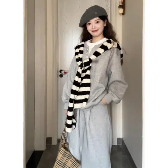 轻迎 韩版学院风假两件卫衣条纹披肩宽松阔腿裤休闲套装 女款