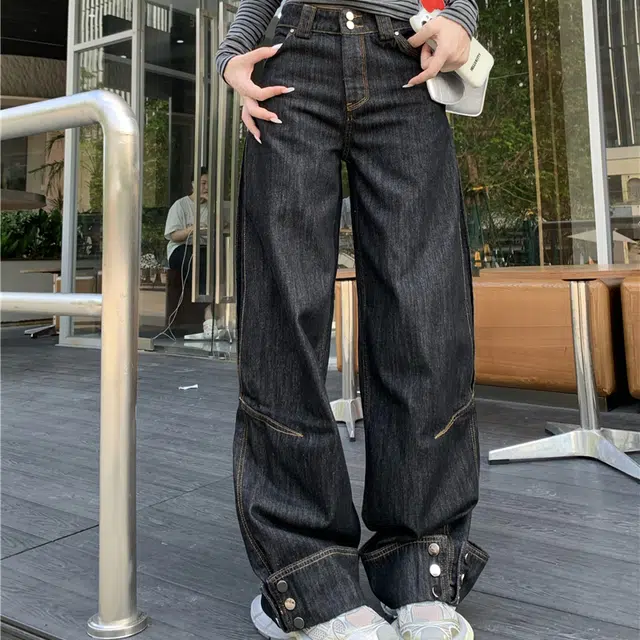 轻迎 复古风百搭设计感潮流时尚纽扣翻边宽松阔腿长裤子牛仔裤 女款