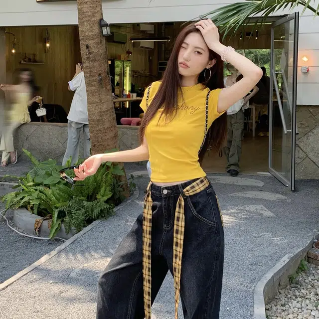 轻迎 美式辣妹修身字母短袖上衣高级感阔腿牛仔裤休闲套装 女款