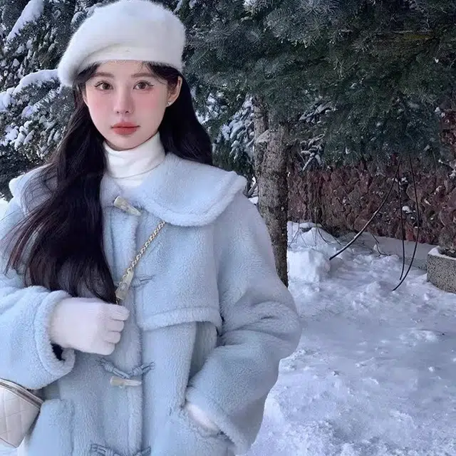 轻迎 法式甜美毛绒软糯长款外套牛角扣大衣 女款