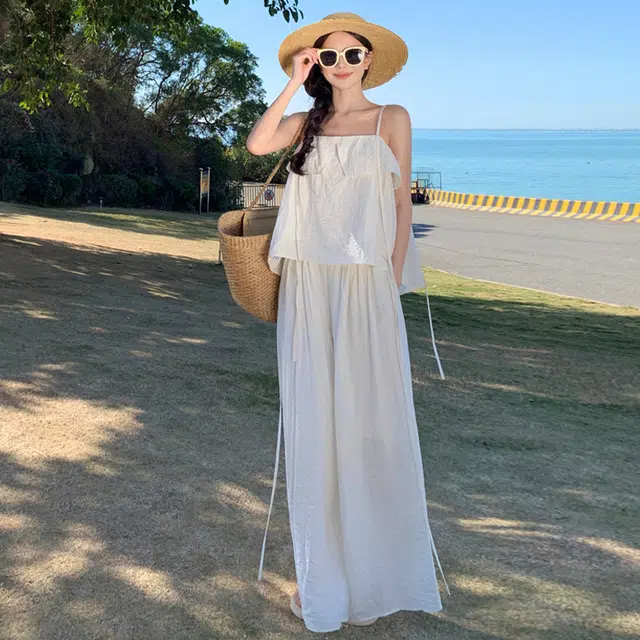 轻迎 法式度假时尚吊带上衣设计感宽松阔腿裤休闲套装 女款