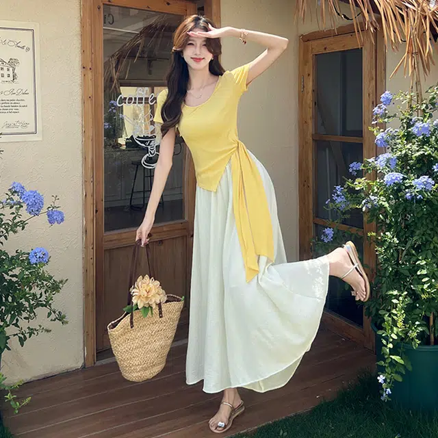 轻迎 致简法式不规则开叉绑带短袖上衣韩系高腰宽松阔腿长裤休闲套装 女款