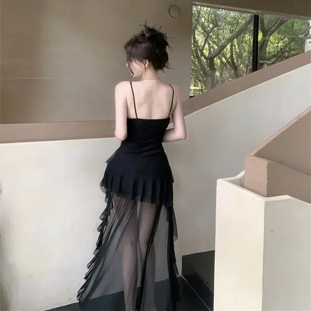 轻迎 法式网纱荷叶边拖尾性感修身不规则长裙吊带连衣裙 女款