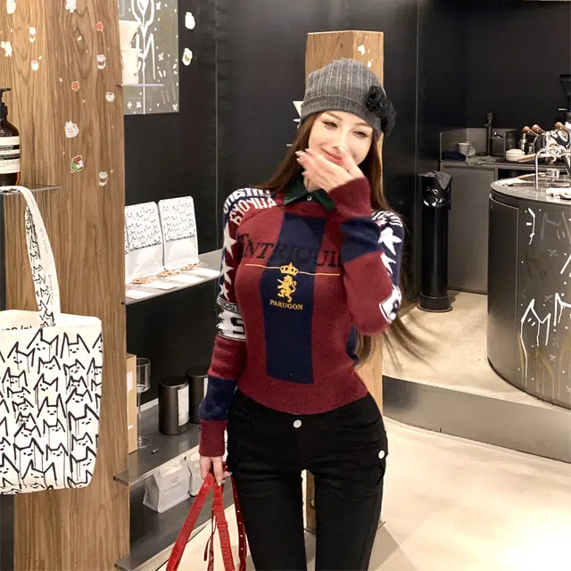 轻迎 美式时尚复古优雅精致假两件修身提花刺绣小众减龄辣妹上衣针织衫 女款