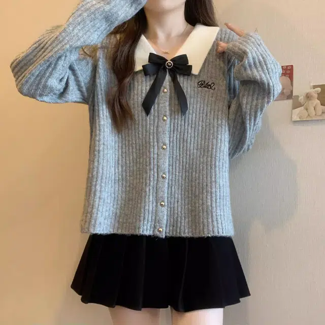 轻迎 法式学院风蝴蝶结长袖开衫针织衫 女款
