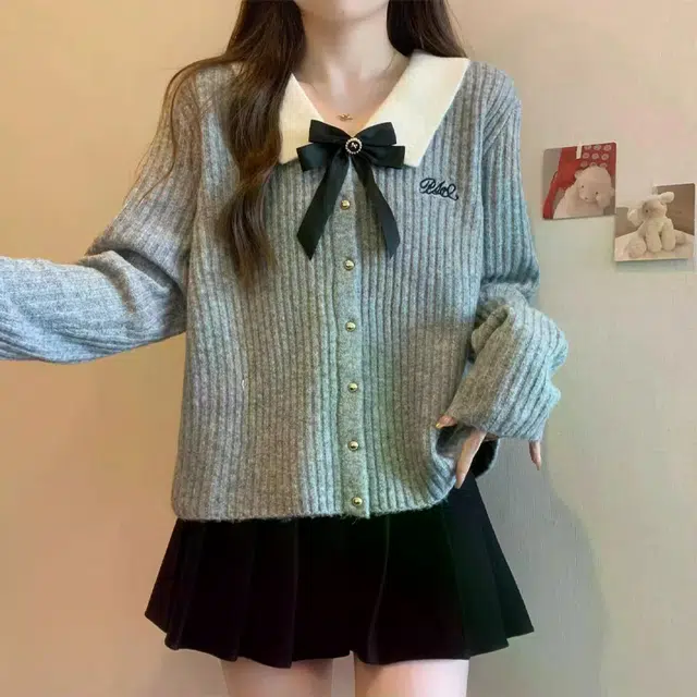 轻迎 法式学院风蝴蝶结长袖开衫针织衫 女款