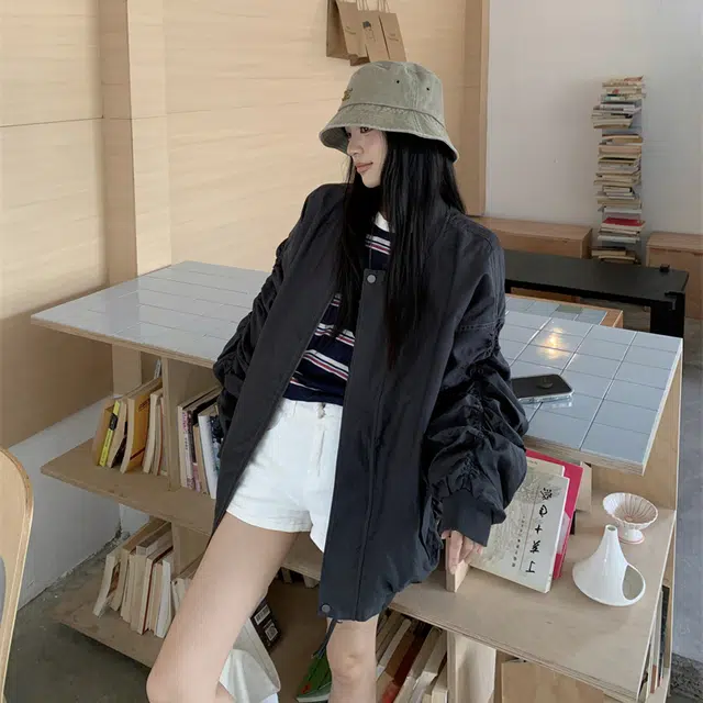 轻迎 美式设计感褶皱立领棒球服外套宽松休闲显瘦百搭上衣夹克 女款