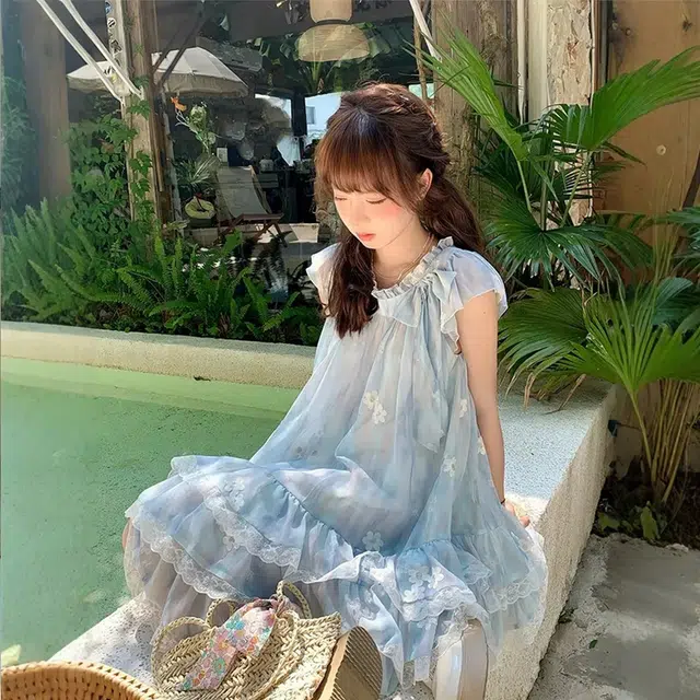 轻迎 法式可爱甜美圆领飞飞袖碎花蕾丝边蓬蓬短裙短袖连衣裙 女款
