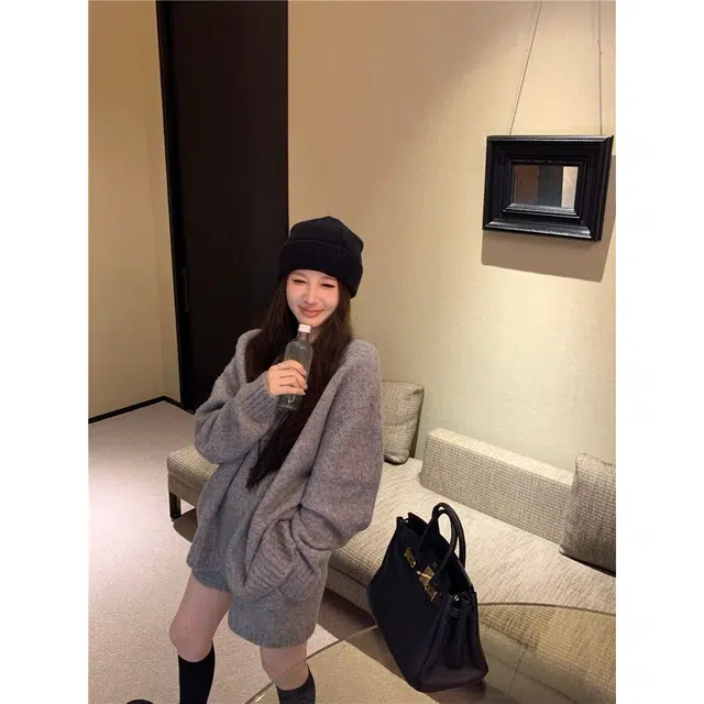 轻迎 复古韩系长袖宽松慵懒风毛衣高腰显瘦短裤两件套休闲套装 女款