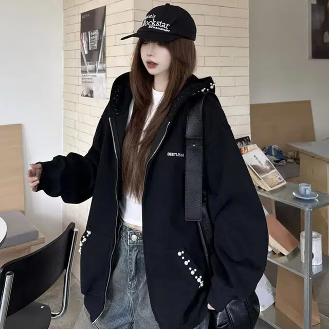 轻迎 美式高街拉链连帽宽松珍珠钉珠百搭外套卫衣 女款
