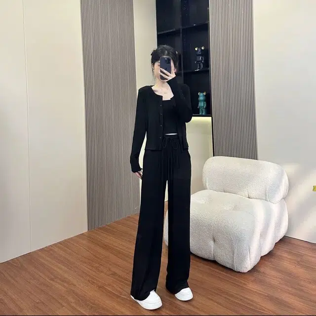 轻迎 吊带时尚减龄宽松开衫阔腿裤休闲套装 女款
