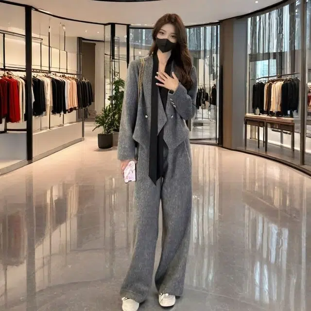 轻迎 时尚飘带高级西装外套筒裤休闲套装 女款