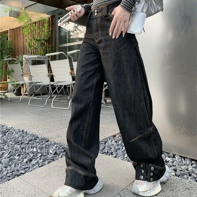 轻迎 复古风百搭设计感潮流时尚纽扣翻边宽松阔腿长裤子牛仔裤 女款