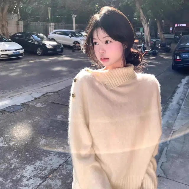 轻迎 韩系复古设计感不规则半高领纯色长袖套头宽松外套针织衫 女款