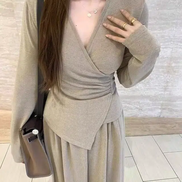 轻迎 法式小众设计感不规则绑带上衣阔腿裤休闲套装 女款