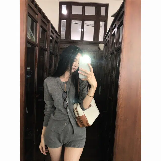 轻迎 复古修身长袖针织开衫上衣直筒短裤休闲套装 女款
