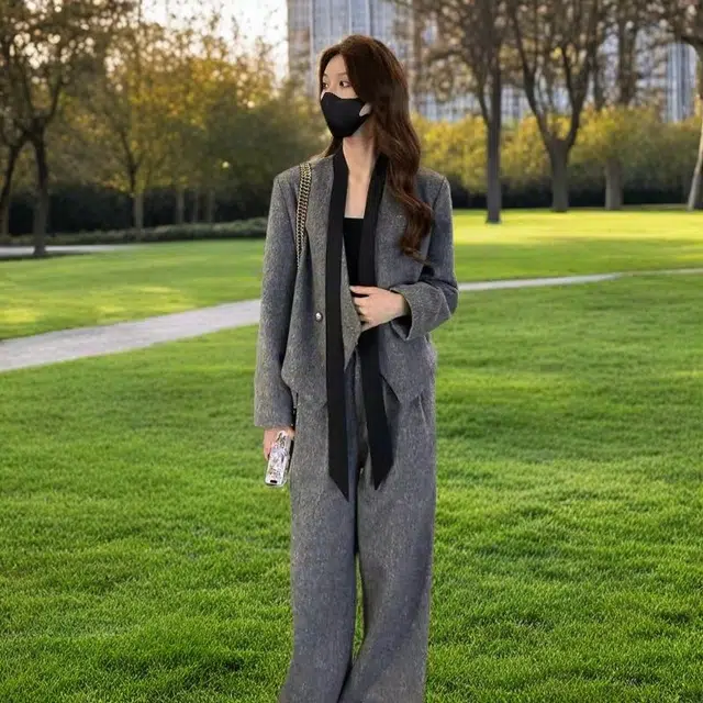 轻迎 时尚飘带高级西装外套筒裤休闲套装 女款