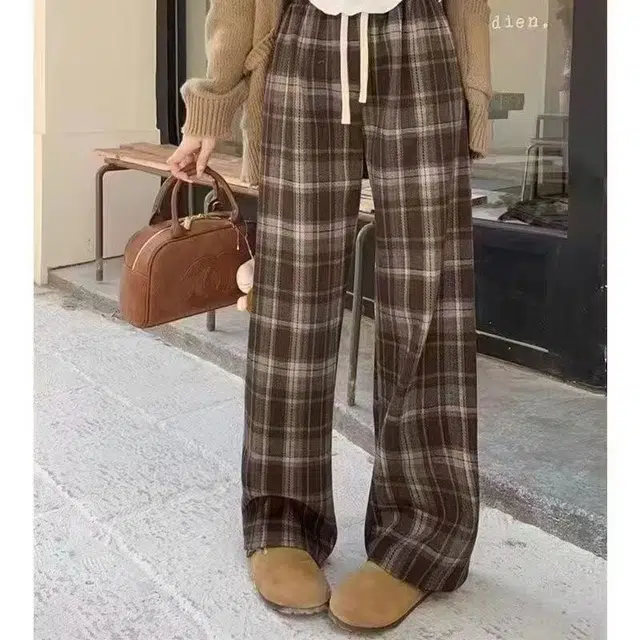轻迎 韩版宽松慵懒风针织连帽毛衣格子阔腿裤休闲套装 女款