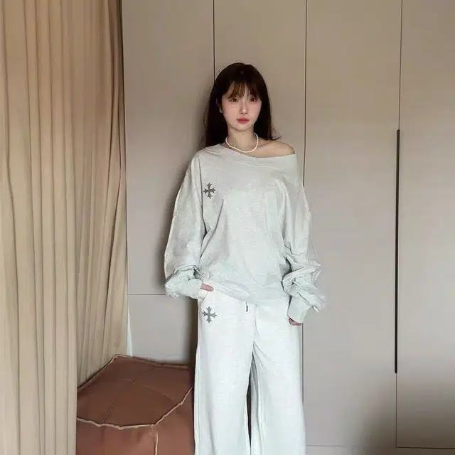 轻迎 慵懒纯色适宽松显瘦斜肩长袖卫衣长裤两件套休闲套装 女款
