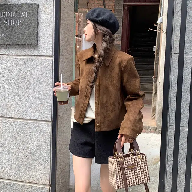 轻迎 复古麂皮绒飞行服修身型街头风夹克 女款