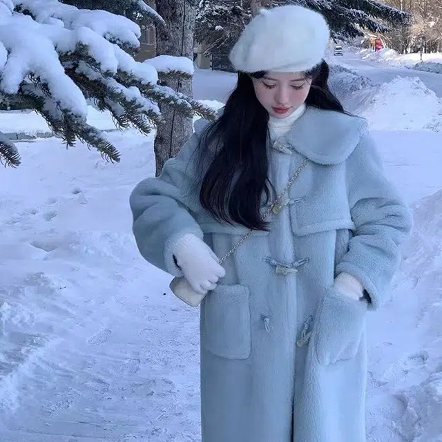轻迎 法式甜美毛绒软糯长款外套牛角扣大衣 女款